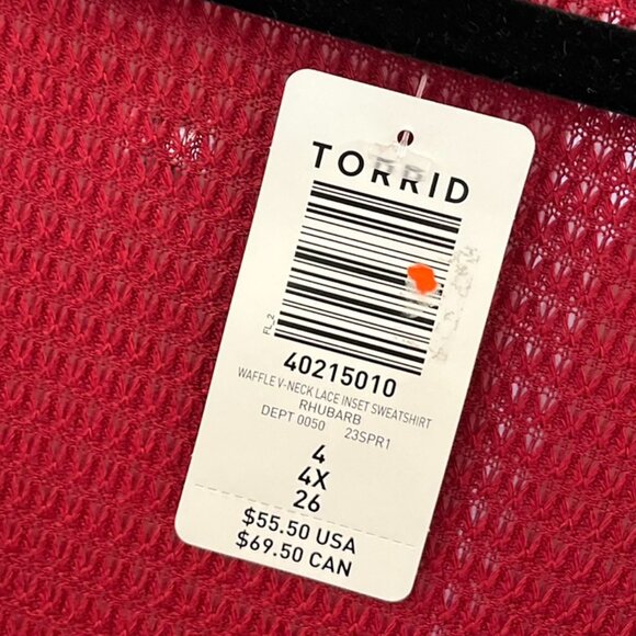 Torrid  Plus-Size Rhubarb Waffle Long Sleeve V-Neck Lace Inset Sweather Sz 26 - Picture 4 of 8